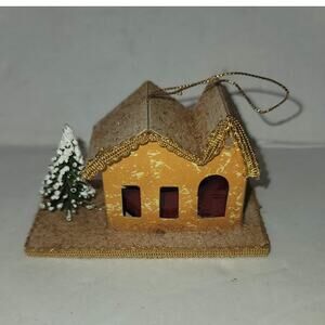 Vintage  Christmas Putz house Cardboard Mica Brown House with tree Ornament